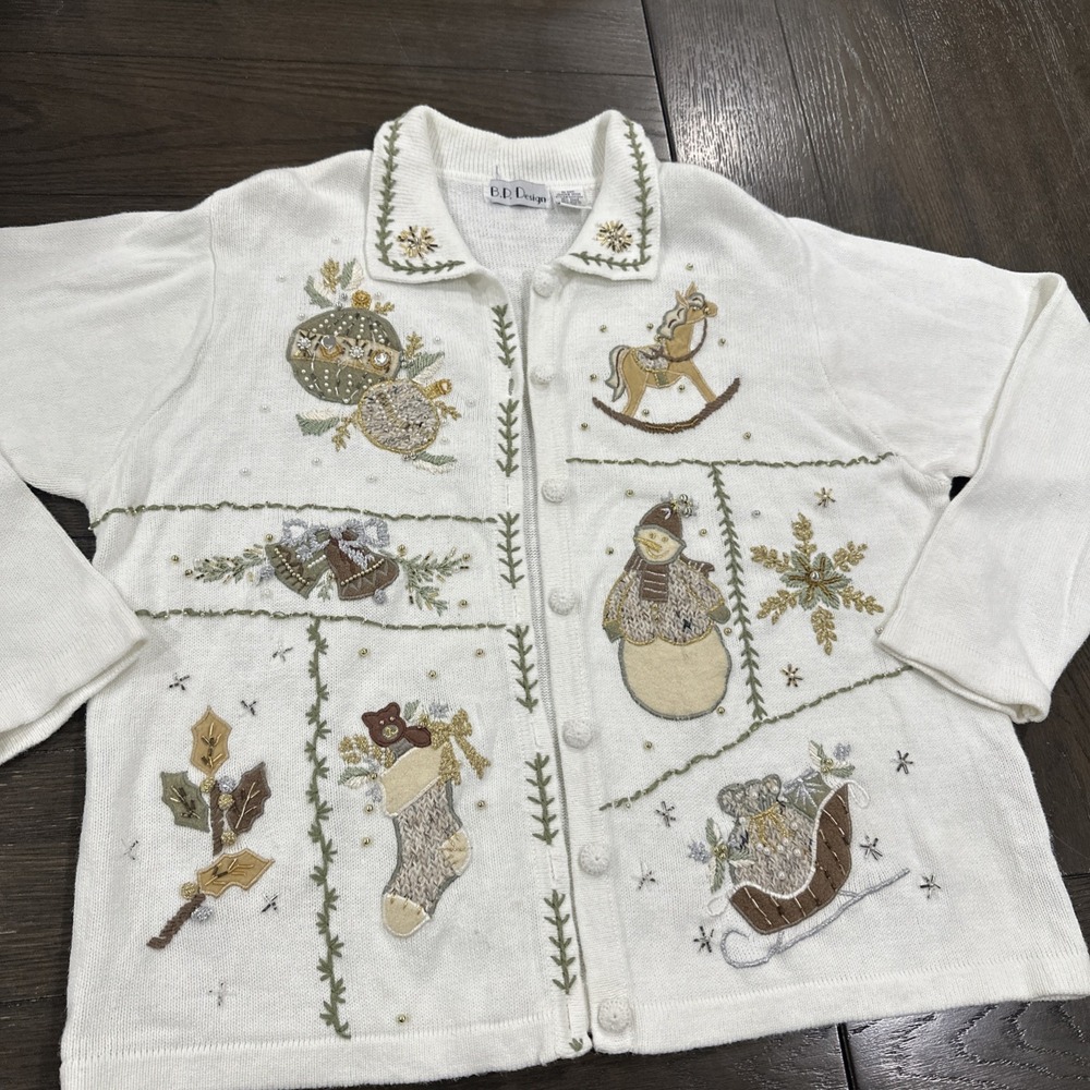VGT BP Design Christmas Cardigan XL Embroidered‎ Beaded Snowman Sleigh Holiday